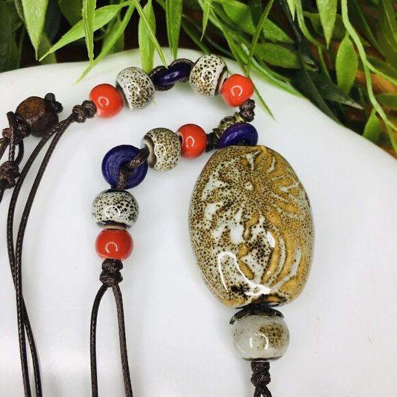 Tribal Boho Necklace Ceramic South West Leather Cord Red Blue Brown ooak 4419 - Picture 5 of 9